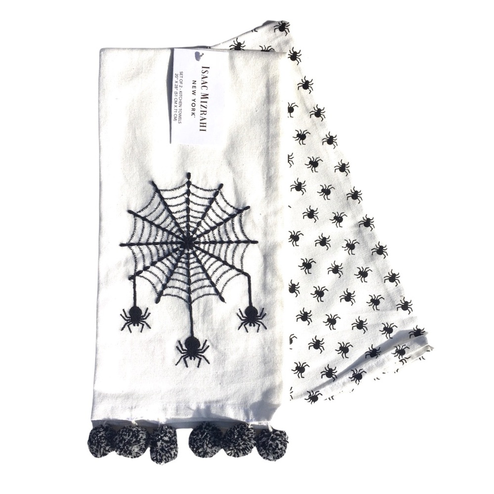 Isaac Mizrahi Spider Web Embroidered Kitchen Towels with Pom-Poms, 2-ct